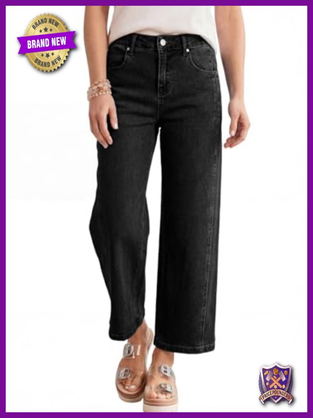 Astylish High Waisted Split Seam Wide Straight Leg Cropped Denim Jeans
